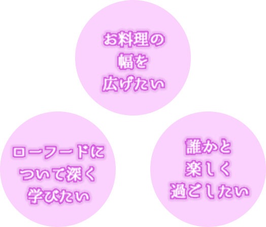 深く学びたい方、お料理の幅を広げたい方、誰かと楽しく過ごしたい方におすすめです